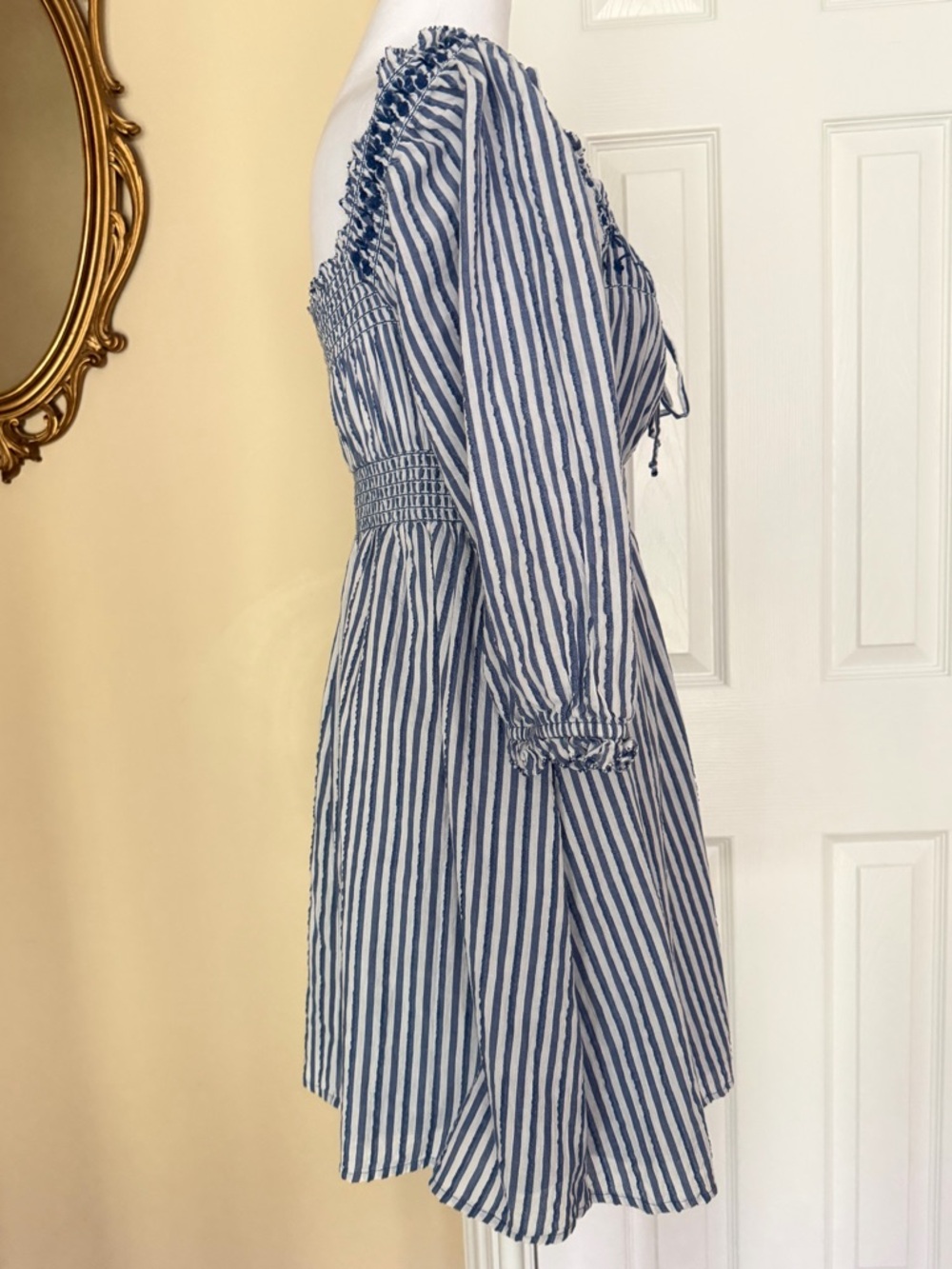 American Eagle Women's Blue & White Striped Puff Sleeve Embroidered Mini Dress S - Picture 4 of 13